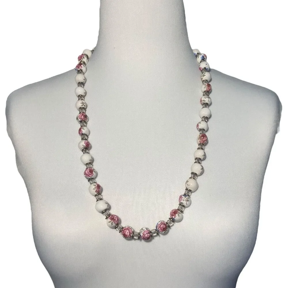 Vintage Chinese Hand Painted Porcelain Flower Beaded Necklace Pink Rose On White